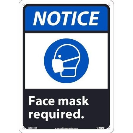 Nmc Safety Sign, NOTICE FACE MASK REQUIRED, Rigid Plastic 050, 14 H x 10 W in NGA39RB